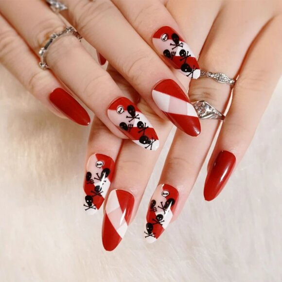 Gothic 24piece Black White Red Skull and  Long Oval Acrylic Press On Nai… - Picture 1 of 1